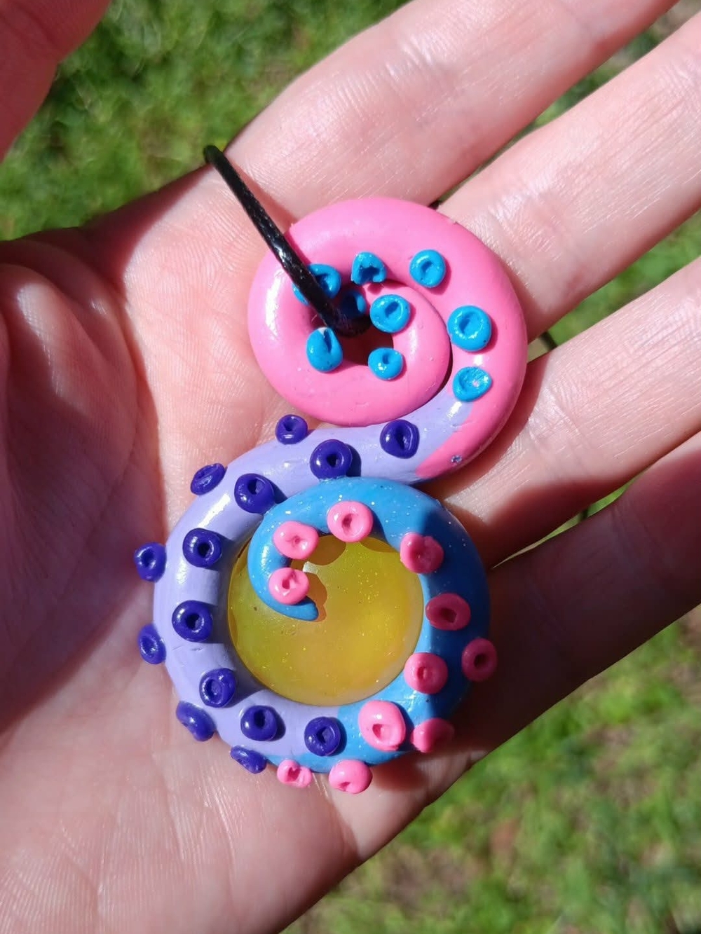 Handmade Spiral Octopus Tentacle Pendant in Pink,Purple,Blue Black Cord Necklace